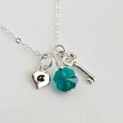 Sterling Silver Initial Necklace, Four Leaf Clover Necklace, Heart and Key Initial Necklace, Emerald Green Swarovski Clover Necklace