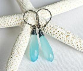 Aqua Blue Chalcedony Earrings, Gemstone Wire Wrapped In Oxidized ...