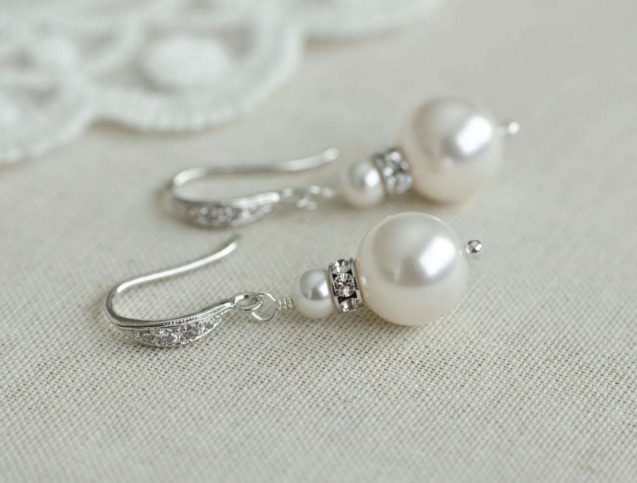 Bridal Earrings, Classic Bridal Pearl Earrings, White Ivory Cream Swarovski Pearls And Silver Plated Rhinestones Bridal Bridesmaids Earrings
