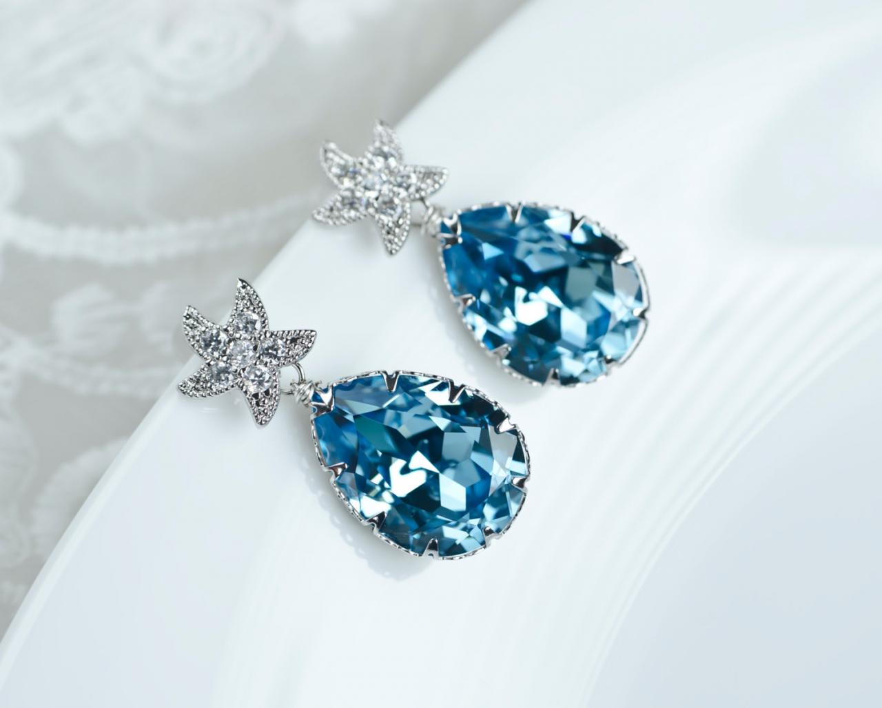 Starfish Earrings,bridal Earrings,aquamarine Earrings,bridesmaids Earrings,swarovski Aquamarine Crystal And Cubic Zirconia Starfish Earrings