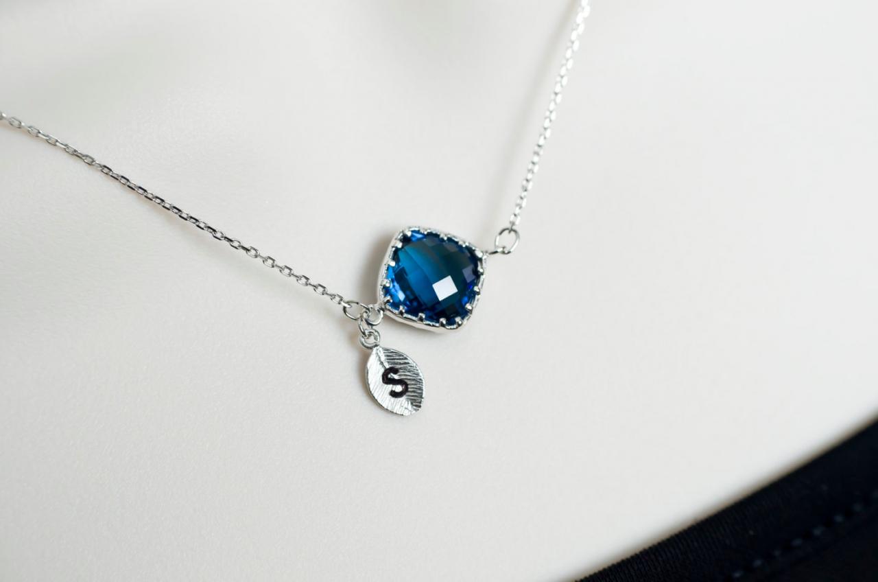 Initial Necklace, Blue Sapphire Initial Necklace, Rhodium Plted Blue Sapphire Glass Charm Personalized Necklace, Monogram Custom Necklace
