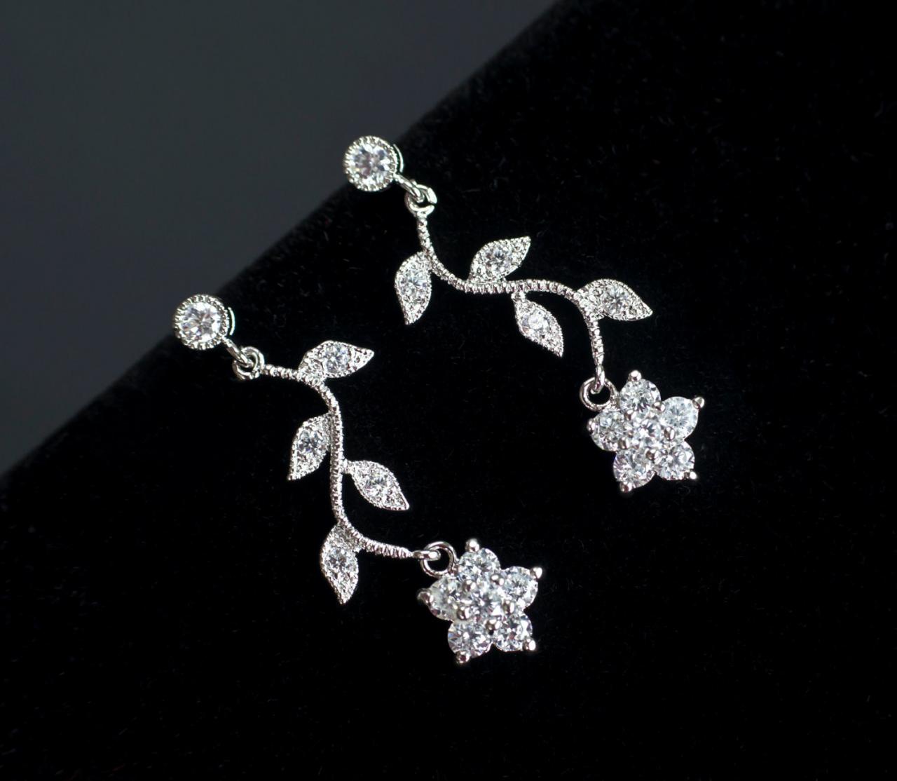 Bridal Earrings, Cubic Zirconia Flower And Branch Tree Earrings, Cz Floral Bridal Jewelry, Bridal Bridesmaids Earrings, Cz Wedding Jewelry