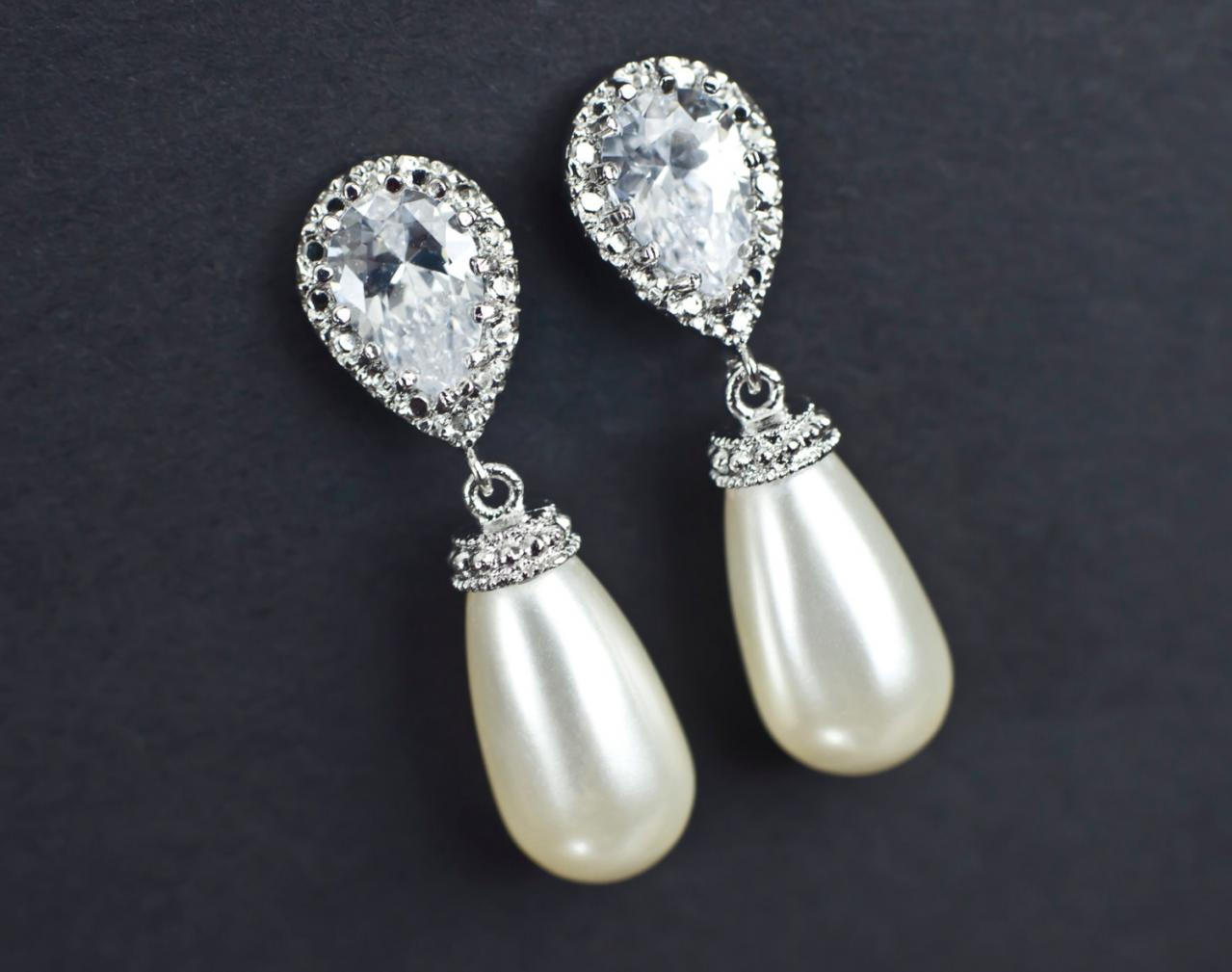 Bridal Earrings, Cubic Zirconia Bridal Pearl Earrings, Bridal, Bridesmaid Earrings Rhodium Plated Cz Ear Posts And Ivory Pearl Teardrops