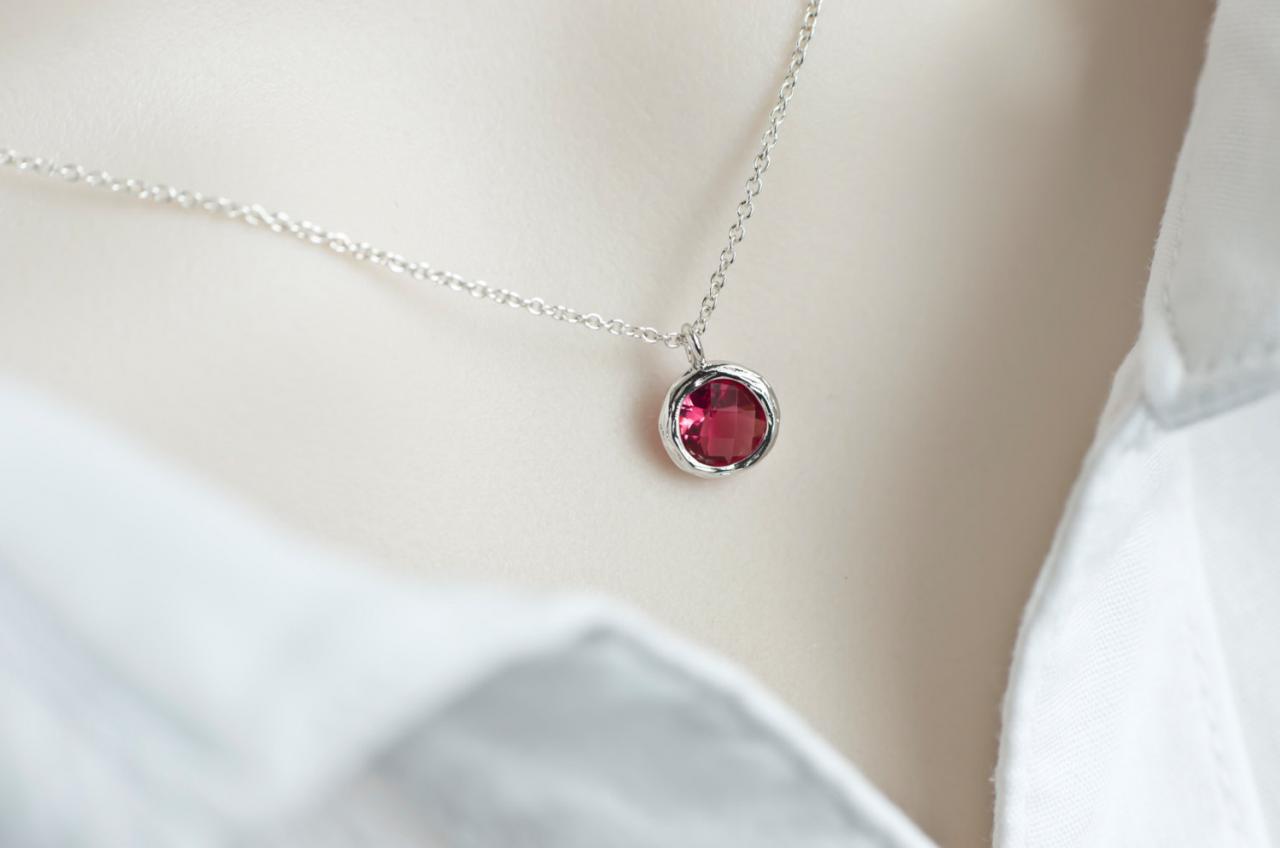 Red Ruby Necklace, Red Ruby Round Glass Drop, Bridesmaids Gift, Dainty Everyday Necklace