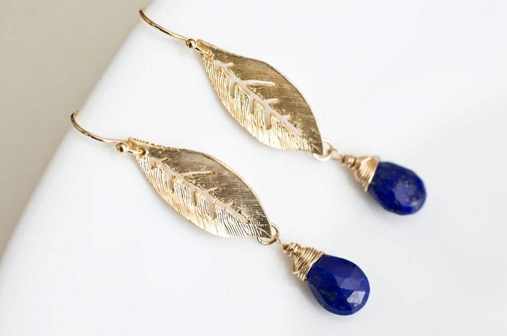 Lapis Lazuli Earrings, Lapis Lazuli Gold Leaf Earrings, Dangle Earrings