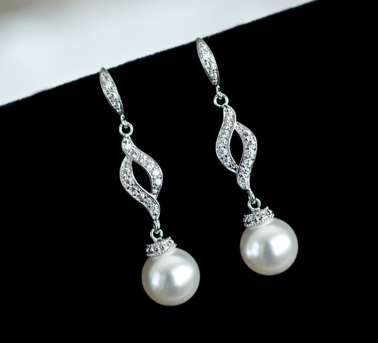 Bridal Earrings, Bridal Pearl Earrings, Wedding Jewelry, White Or Ivory/cream Swarovski Pearls And Cubic Zirconia Connectors Earrings,