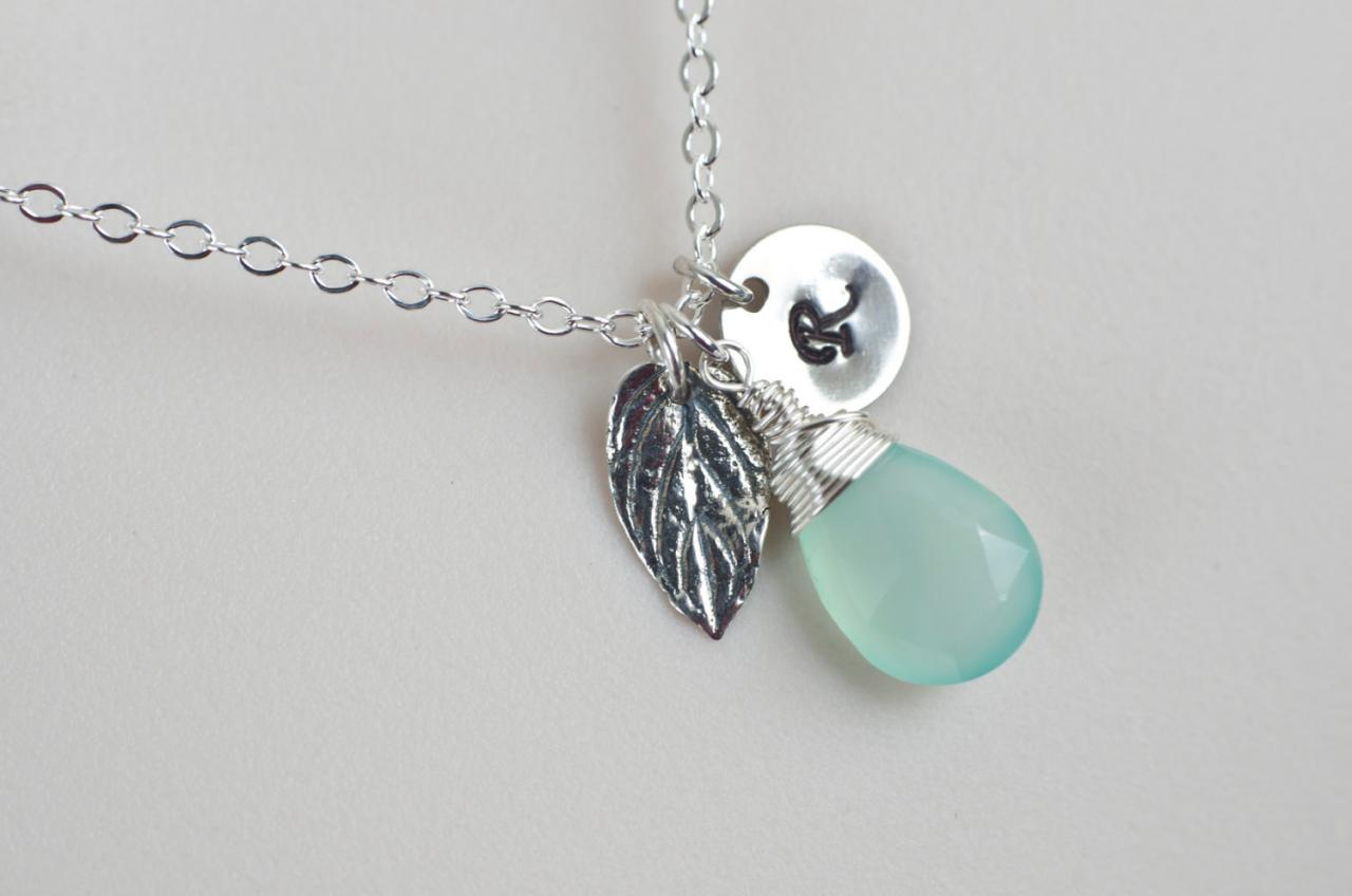 Initial Necklace,mint Green Chalcedony Initial Necklace, Sterling Silver Mint Leaf, Mint Green Chalcedony Necklace, Personalized Necklace