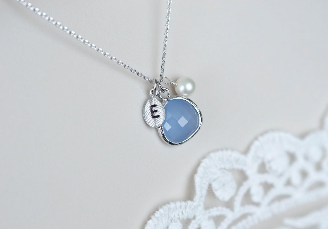 Initial Necklace, Pastel Blue , Serenity Blue Glass Drop, Initial Hand Stamped Leaf and Freshwater Pearl Necklace, Serenity Blue Color of th