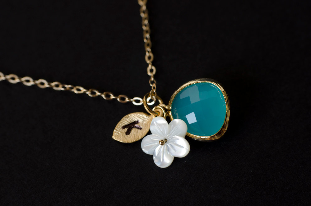 Initial Necklace,Custom Initial Necklace,Monogram Necklace Aqua Blue Glass, Leaf, Mother of Pearl Flower Bridesmaid Gift,Bridesmaid Necklace
