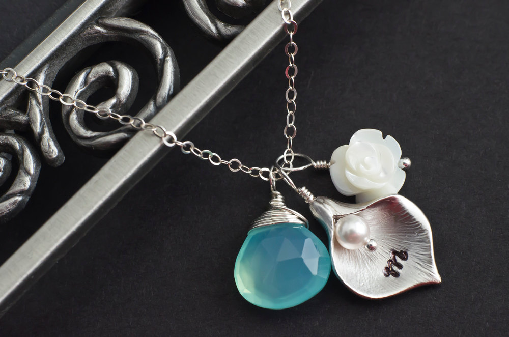 Initial Necklace, Aqua Blue Chalcedony Initial Necklace, Mother of Pearl and Calla Lily Initial Necklace, Personalized Gift, Bridesmaid Gift
