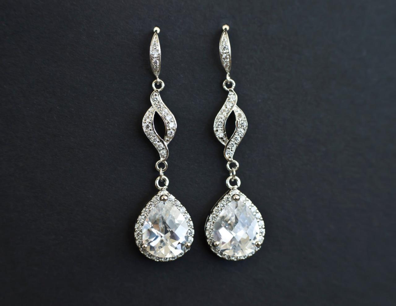 Bridal Earrings, Cubic Zirconia Bridal Earrings, Long Dangle Bridal Earrings, Cz Earwires Cz Marquise Connectors And Large Crystal Teardrops