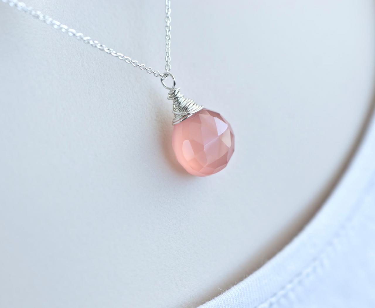 Pink Chalcedony Necklace, Blush Pink Chalcedony Necklace, Pink Chalcedony Briolette On Sterling Silver Chain, Soft Pink Bridesmaids Necklace