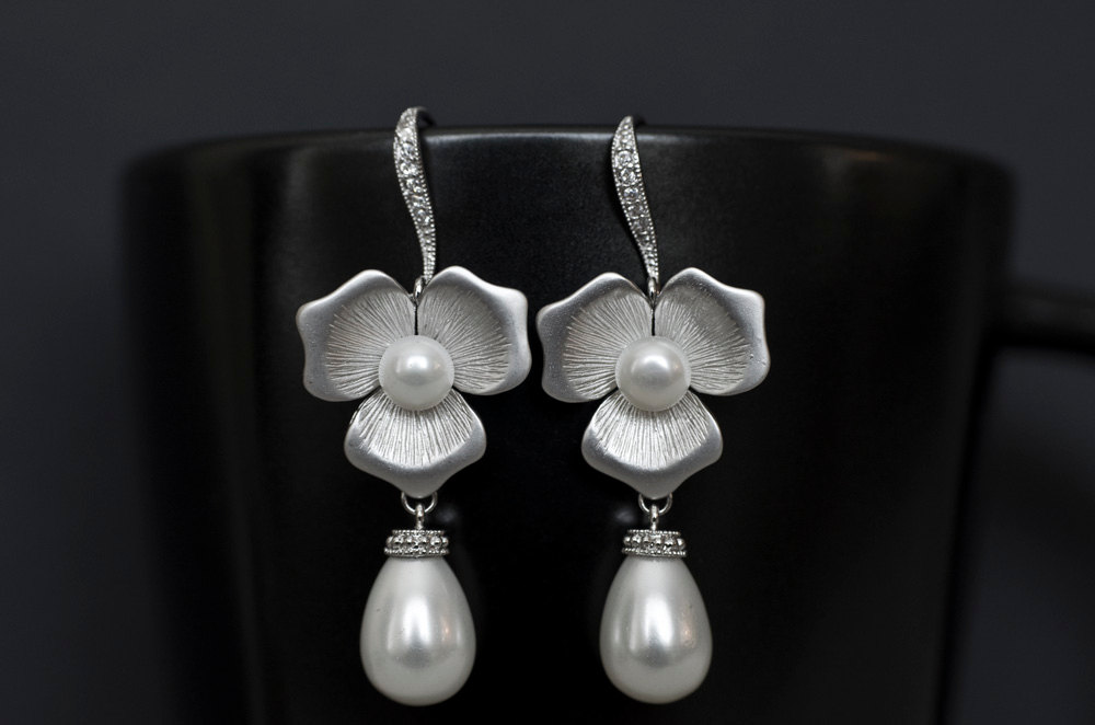Bridal Earrings, Bridal Pearl Earrings, Wedding Earrings, White Teardrop Pearl With Matt White Gold Plated Flower Earrings