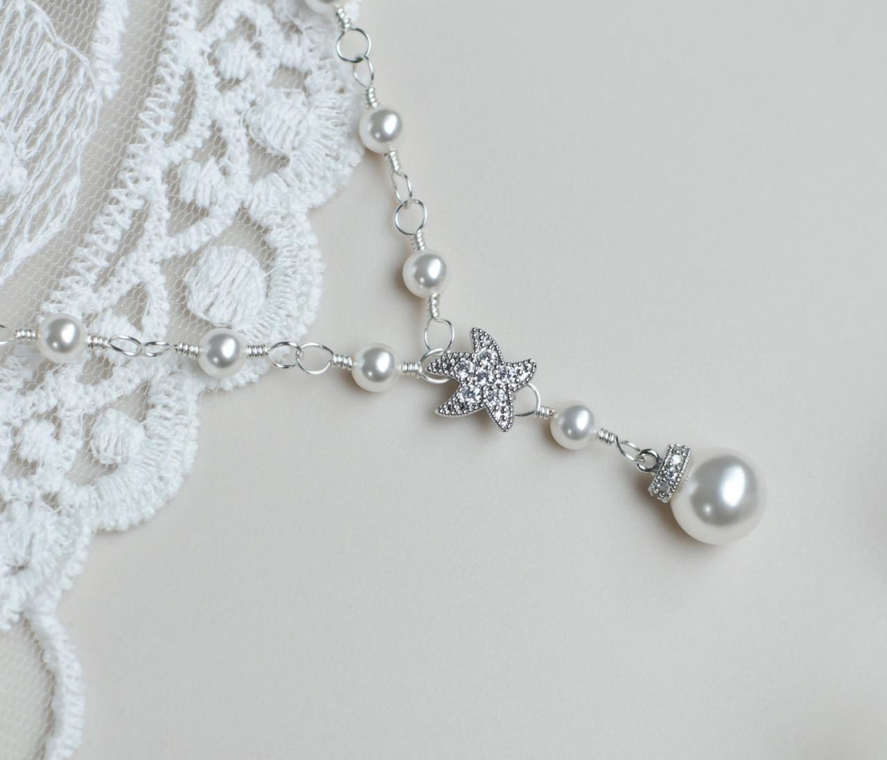 Starfish - Cubic Zirconia Starfish Necklace And Round White Swarovski Pearls, Bridal Necklace, Bridesmaids Necklace, Beach Wedding Necklace