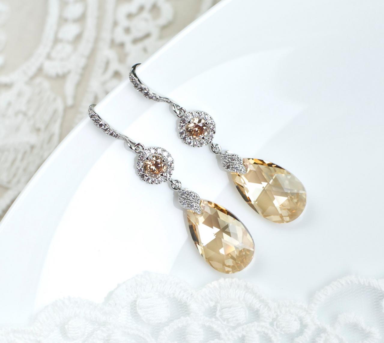 Golden Champagne Bridal Earrings,bridesmaids Earrings,cubic Zirconia Large Champagne Golden Swarovski Earrings,long Dangle Teardrop Earrings