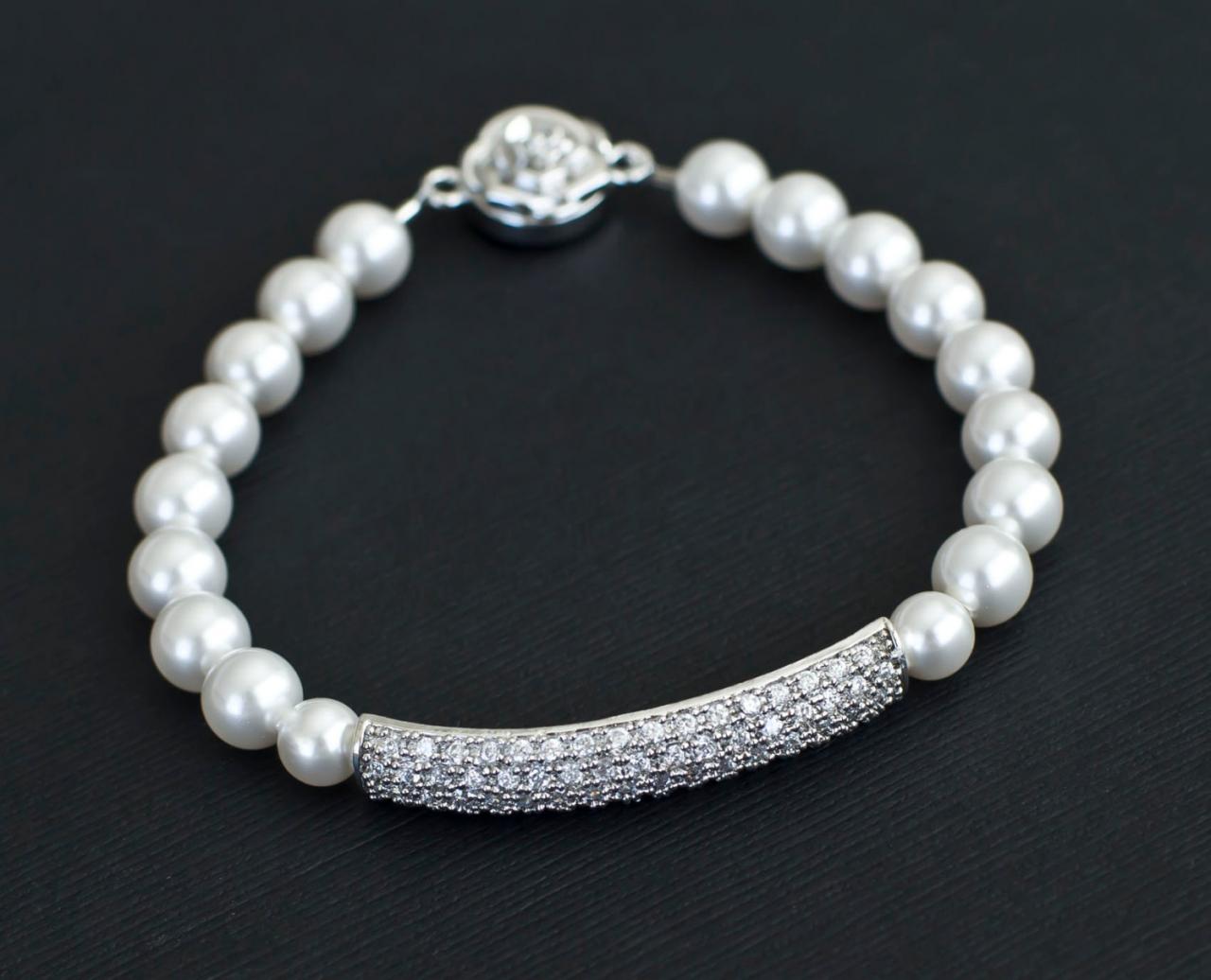 Bridal Bracelet, Bridal Pearl Bracelet, Bridesmaids Bracelet, White Swarovski Pearls And Cubic Zirconia Connector Bracelet,wedding Jewelry,