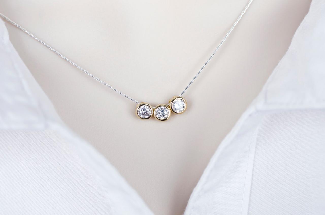 Cubic Zirconia Necklace, Gold Plated Triple Cz Solitaire Drop Necklace, Gold And Sterling Silver Cz Necklace, Modern Everyday Jewelry