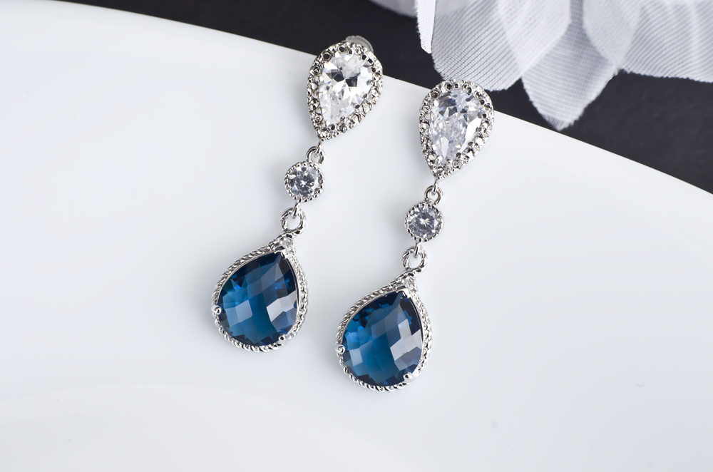 Sapphire Earrings, Blue Sapphire Bridal Earrings, Cubic Zirconia Ear Posts, Cubic Zirconia Connectors And Blue Sapphire Teardrops