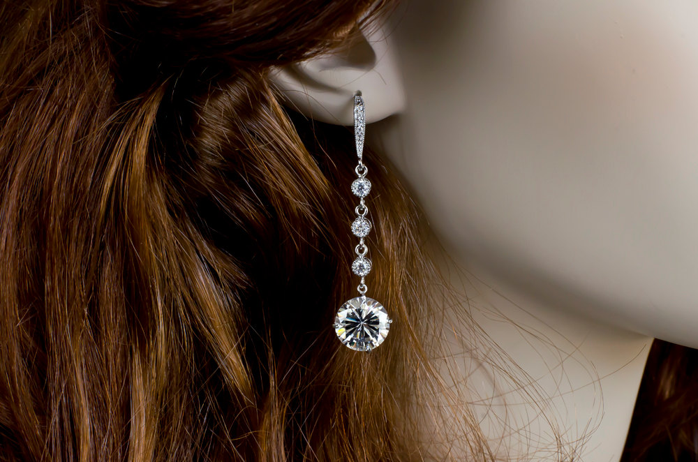 Bridal Earrings, Long Dangle Cubic Zirconia Bridal Earrings, Cubic Zirconia Connectors And Large Cubic Zirconia Crystal Round Drops