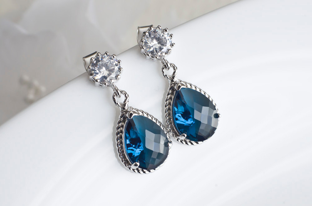 Blue Sapphire Bridesmaids Earrings, Blue Sapphire Teardrop Glass And Round Cubic Zirconia Stud Earrings