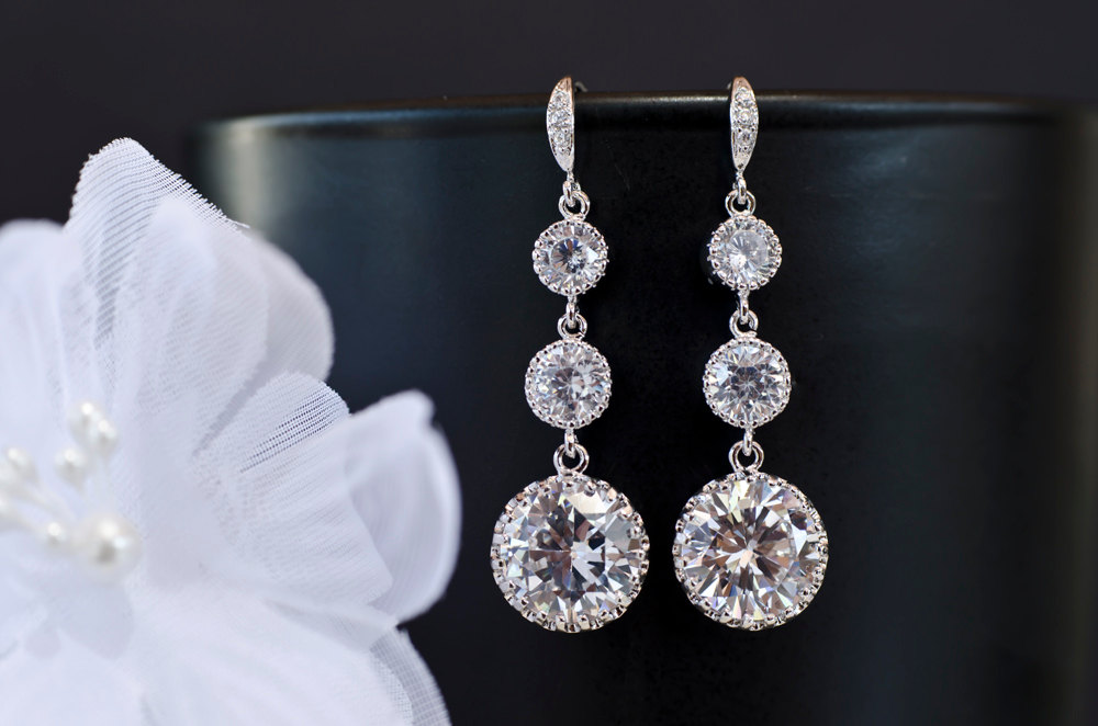 Bridal Earrings Cubic Zirconia Ear Wires, Cubic Zirconia Connectors And Large Cubic Zirconia Crystal Round Drops