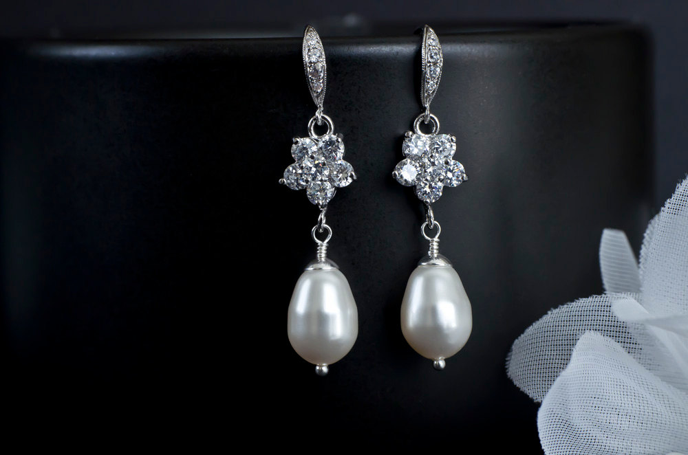 Bridal Earrings, Teardrop Pearl Bridal Earrings, Bridesmaids Earrings, Pearl Jewelry Cubic Zirconia Ear Wires And Flower Connectors