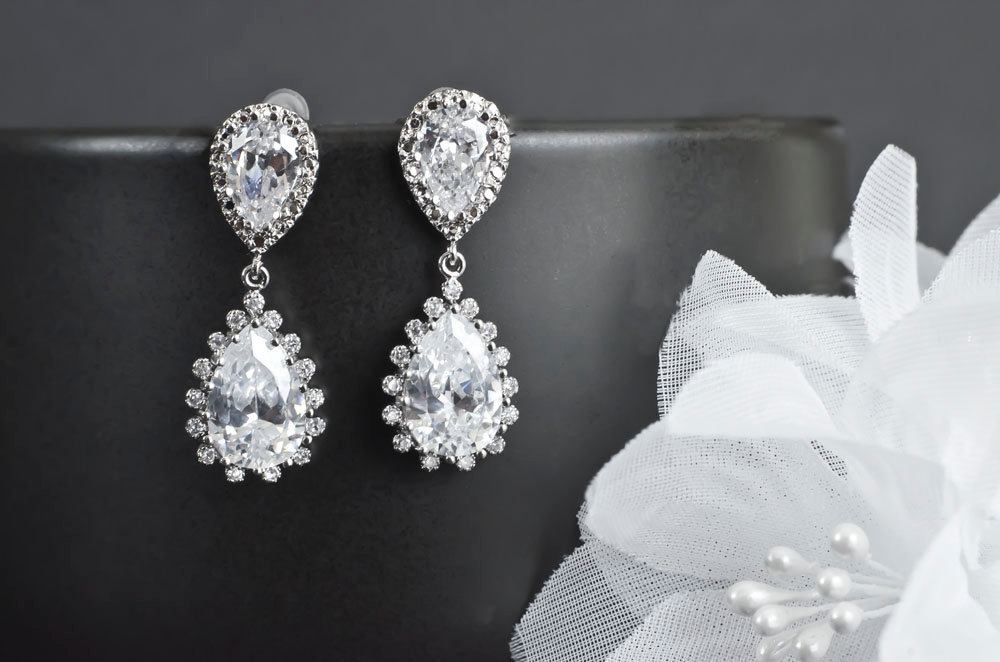 Bridal Earrings, Bridesmaid Earrings, Rhodium Plated Cubic Zirconia Ear Posts And Large Cubic Zirconia Teardrops Bridal Earrings