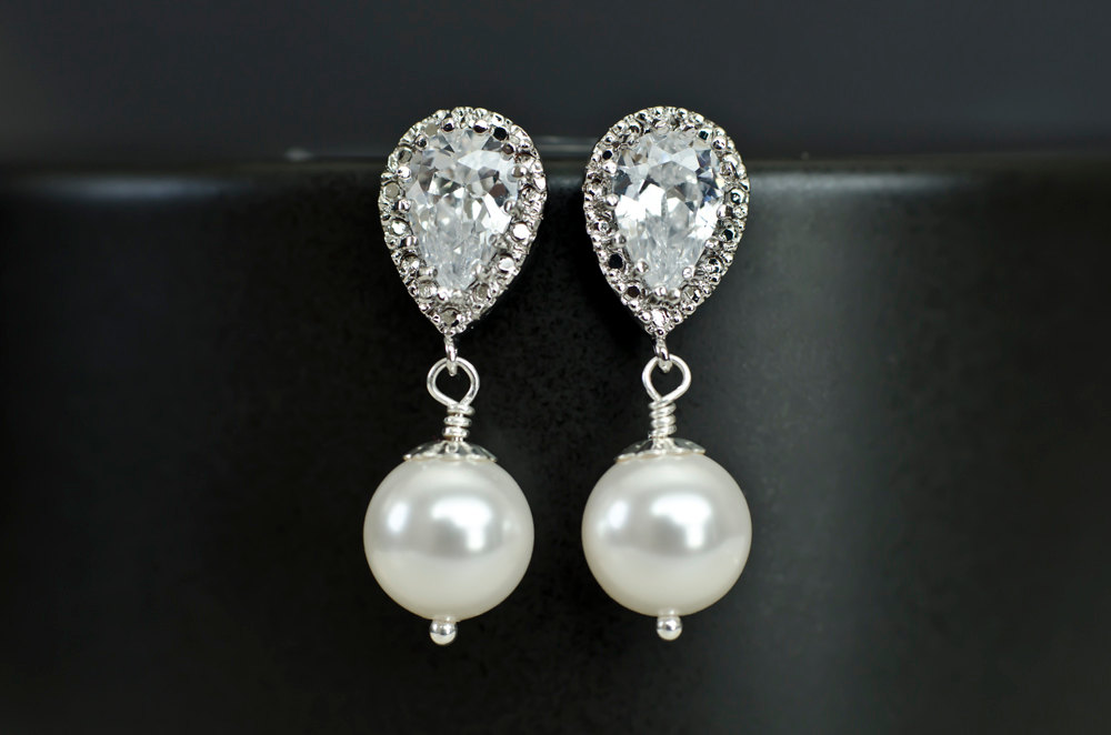 Bridal Earrings Bridesmaid Earrings Rhodium Plated Cubic Zirconia Ear Posts With White/ivory Swarovski Pearl Drops