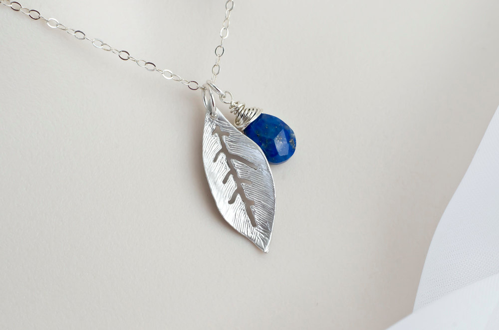 Blue Lapis Lazuli Necklace, Blue Lapis Lazuli And Rhodium Plated Leaf Necklace, Bridesmaids Necklace