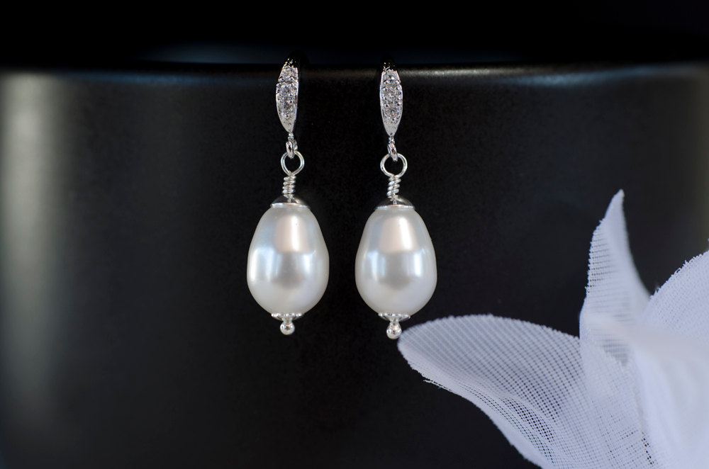 Bridal Pearl Earrings, White/ivory Pear Shape Swarovski Single Pearl Earrings, Pearl Wedding Earrings, Wedding Pearl Jewelry