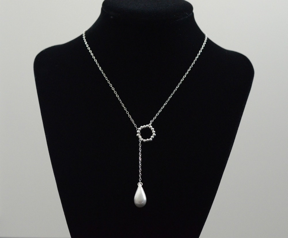 Silver Teardrop Lariat Style Necklace - Brushed Sterling Silver Briolette