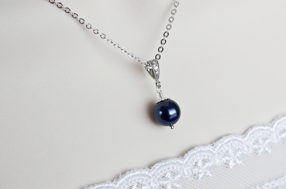 Bridesmaids Navy Blue Swarovski Pearl Necklace In Sterling Silver, Navy Blue Necklace