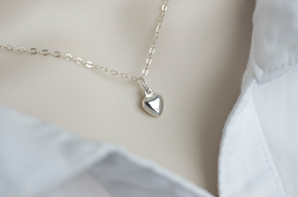 Heart Necklace, Tiny Sterling Silver Puff Heart Charm Necklace, Sterling Silver Charm Necklace, Dainty Everyday Necklace
