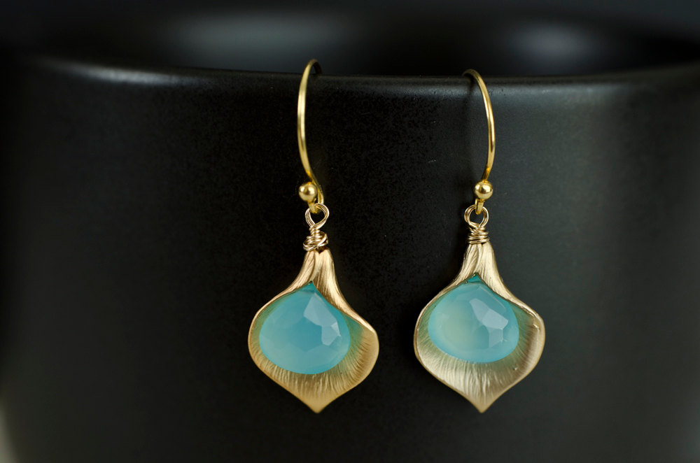 Bridesmaids Earrings - Gold Plated Cala Lily And Aqua Blue Chalcedony Earrings