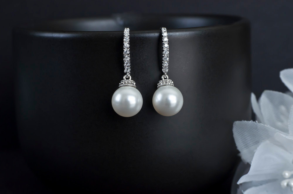 Bridal Earrings, Bridal Pearl Earrings, White/ivory Swarovski Round Drop Pearl On Cubic Zirconia Ear Wires, Wedding Jewellery
