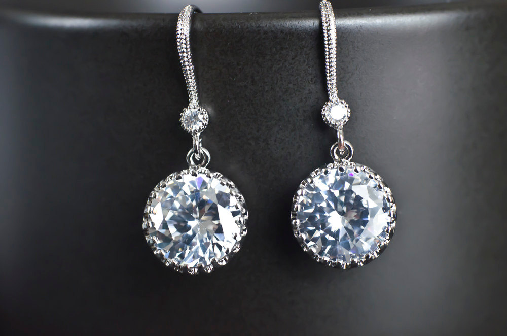 Bridal Earrings, Rhodium Plated Cubic Zirconia Earvires And Large Cubic Zirconia Round Drops Bridal Earrings