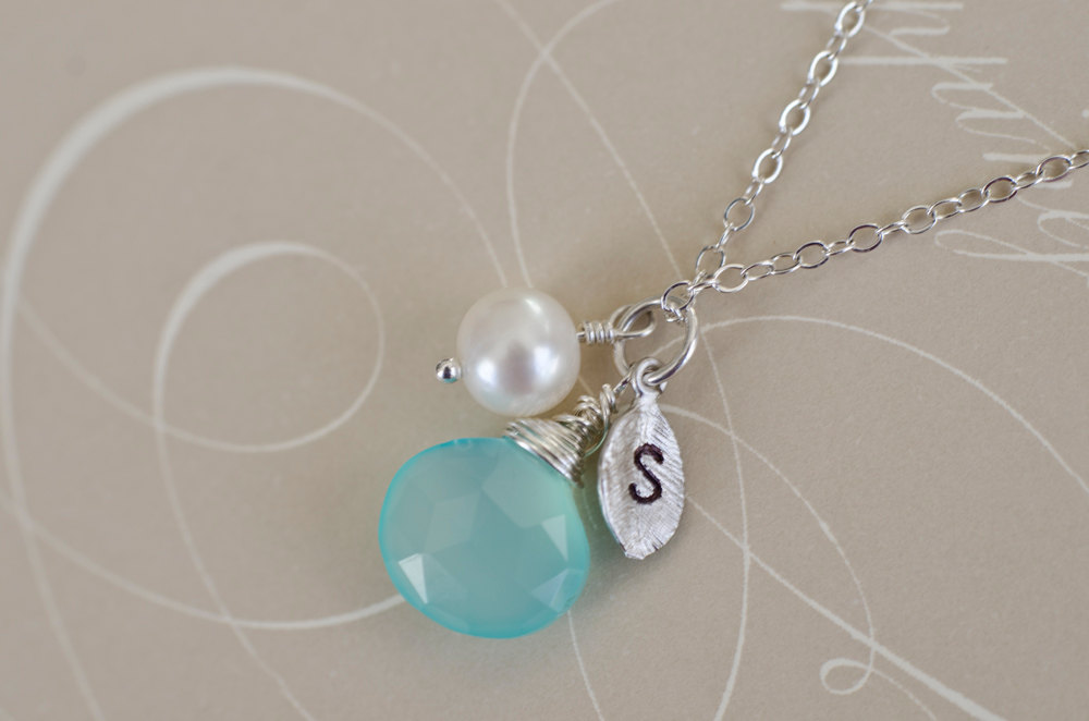 Initial Necklace, Silver Leaf Initial, Aqua Blue Chalcedony, Freshwater Pearl, Birthday Gift, Bridesmaid Personalized Necklace