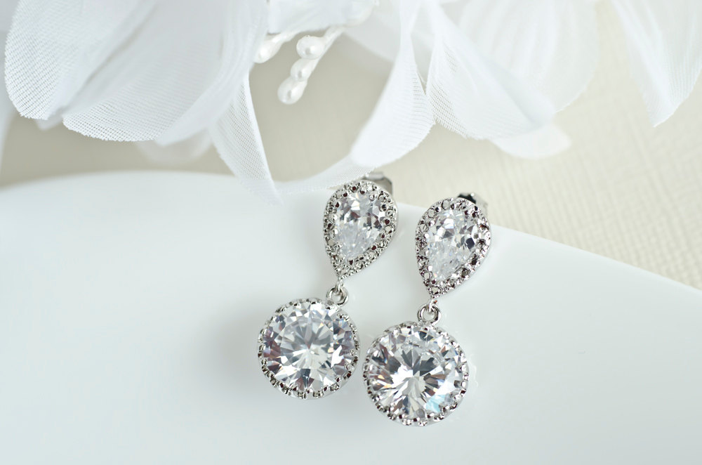 Bridal Earrings - Rhodium Plated Cubic Zirconia Ear Posts And Large Cubic Zirconia Round Drops Earrings