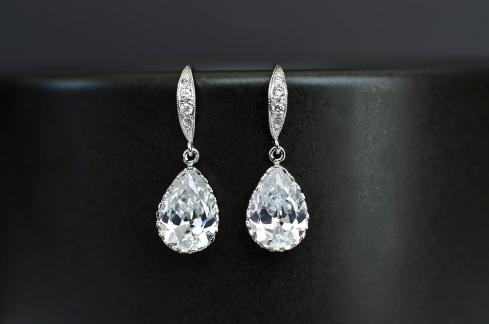 Bridal Earrings, Bridesmaid Earrings Cubic Zirconia Earwires And Cubic Zirconia Crystal Tear Drops