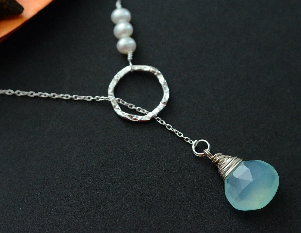 Aqua Blue Chalcedony And Freshwater Pearls Lariat Necklace, Bridesmaids Gift