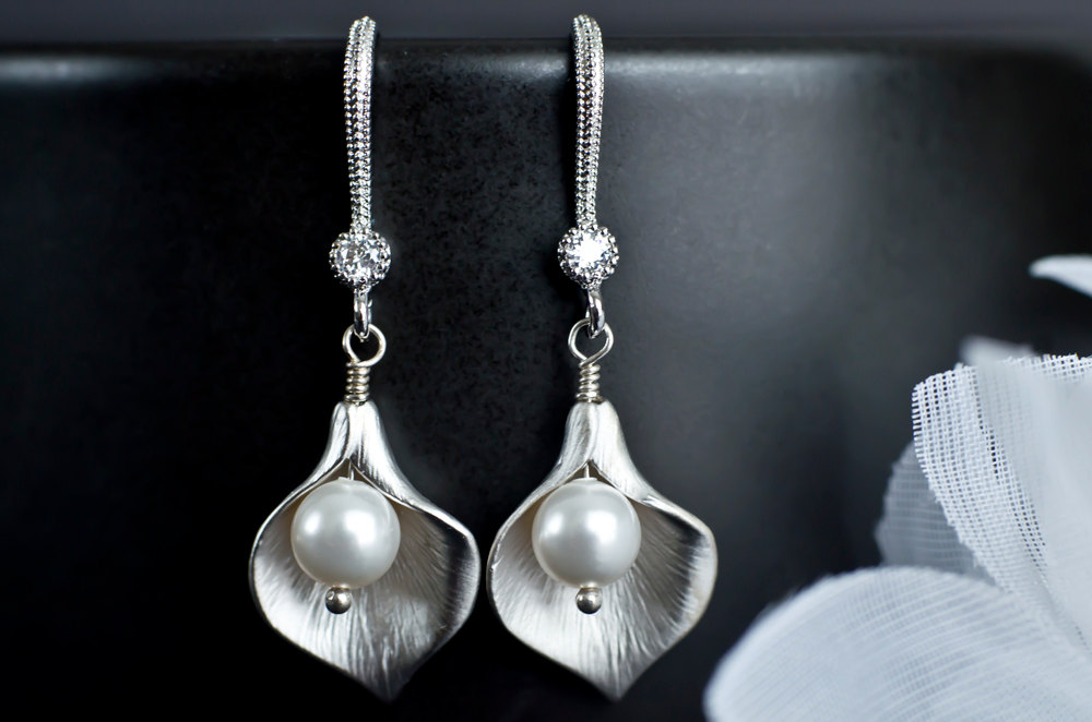 Calla Lily Flower And Swarovski Pearl Sterling Silver Earrings
