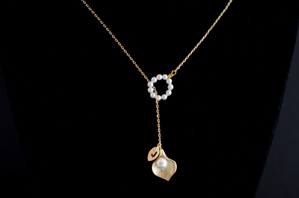 Gold Plated Initial Necklaces, Lariat Necklace, Gold Plated Cala Lily And Swarovski Pearls Lariat Necklace