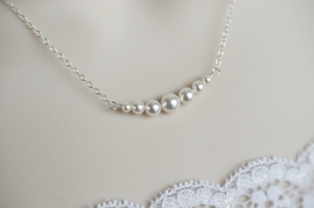 Bridal Pearl Necklace, Swarovski Pearls Necklace, Sterling Silver, Wedding Jewelry