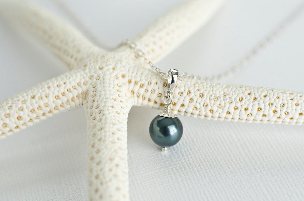 Bridesmaids Tahitian Swarovski Pearls Necklace In Sterling Silver, Peacock Teal Blue Pearl Necklace
