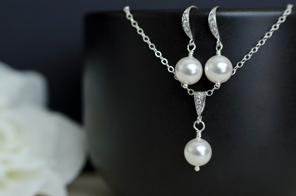 Bridal Pearl Earrings And Necklace In Sterling Silver, White/ivory Swarovski Single Pearl Earrings And Pendant, Pearl Jewelry Set