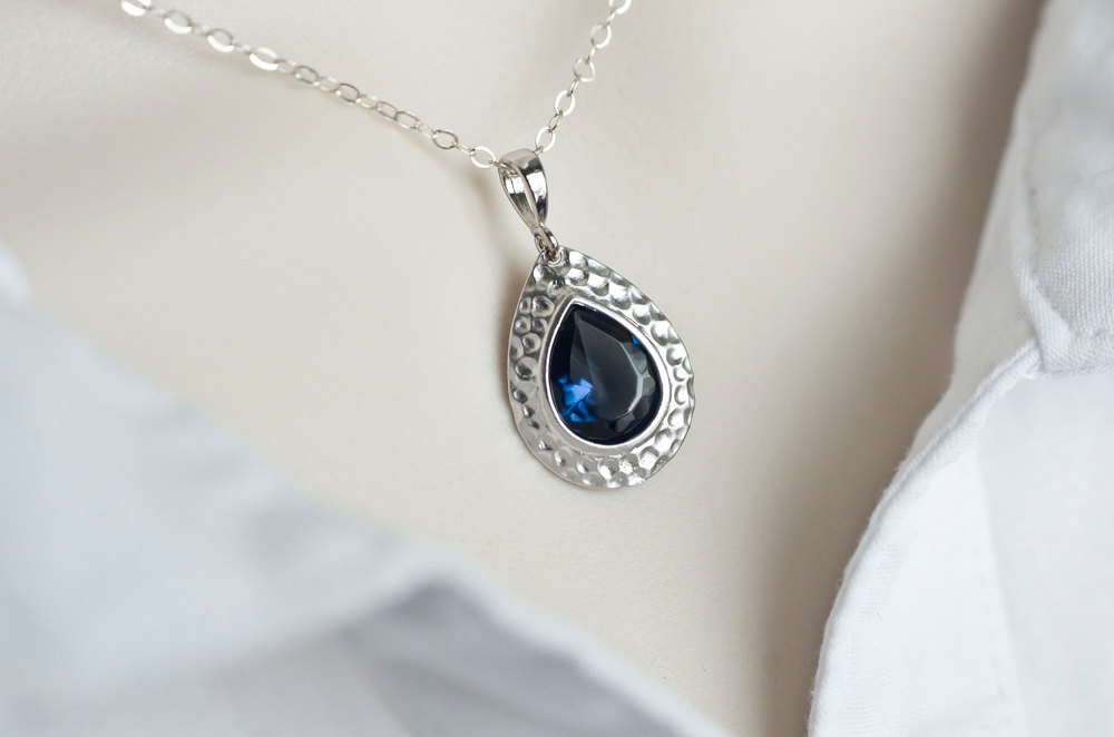 Blue Sapphire Necklace, Matte Rhodium Plated Sapphire Blue Glass Teardrop Necklace, Sterling Silver, Wedding Jewelry