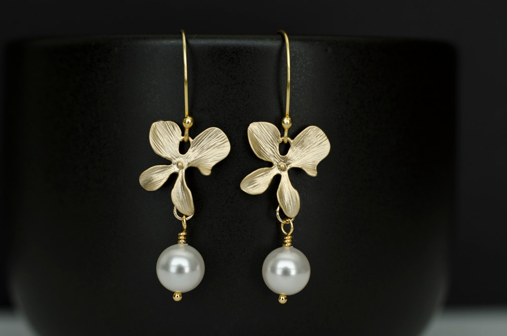 Gold Orchid And White Swarovski Pearl Earrings