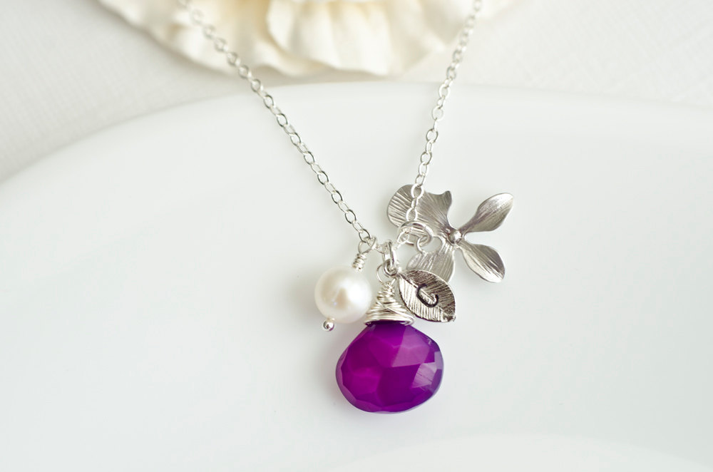 Custom Initial Necklace, Silver Leaf Initial, Purple Chalcedony, Gold Plated Orchid, Freshwater Pearl, Birthday Gift, Bridesmaid Necklace