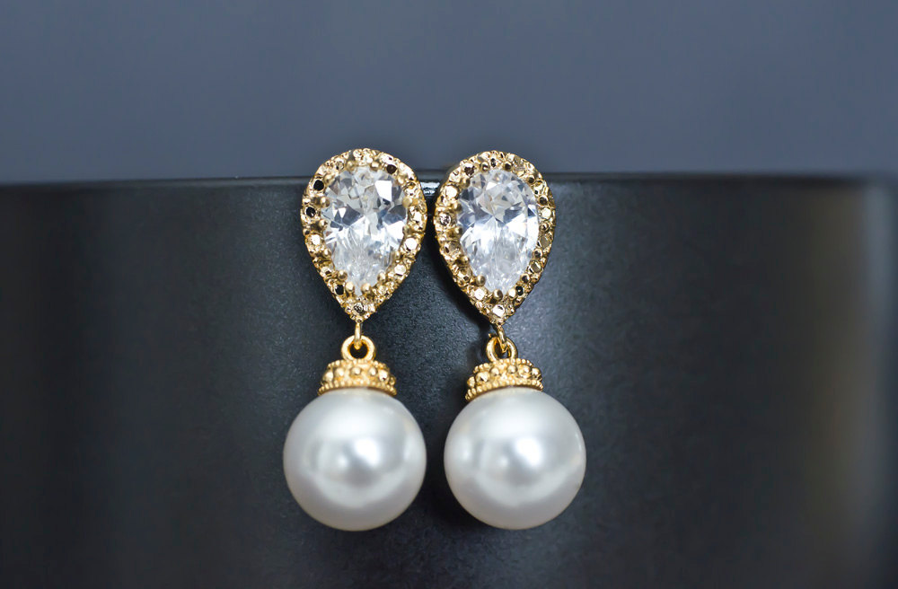 Bridal Earrings, Gold Plated Bridal Pearl Earrings, Swarovski White/ivory Pearls And Cubic Zirconia Gold Plated Stud Earrings