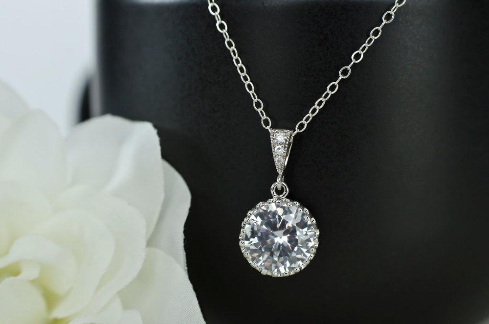 Bridal Necklace - Round Drop Cz Bridal Pendant On Sterling Silver Chain